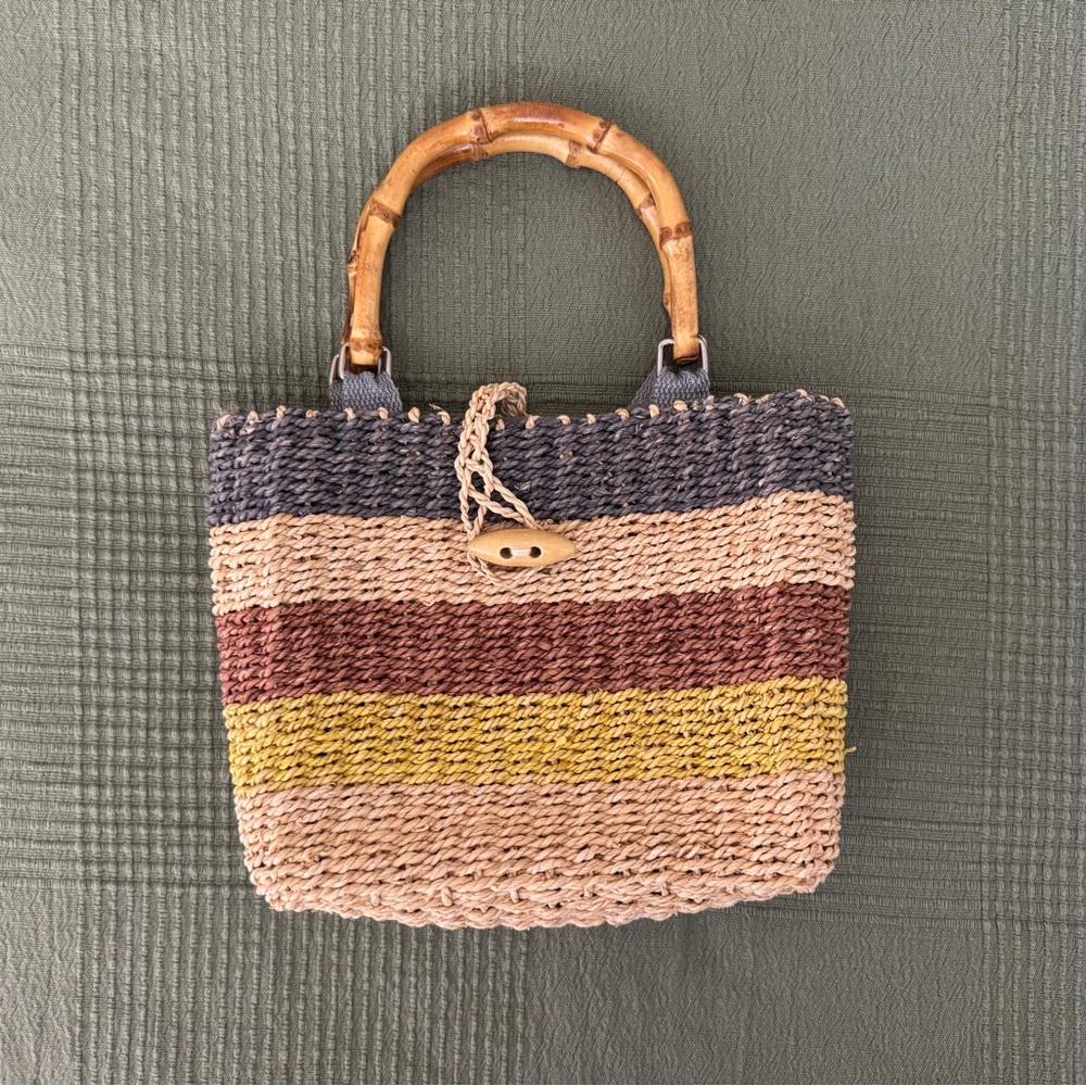 Vintage Faded Glory Striped Woven Mini Tote Handbag with Bamboo Handle